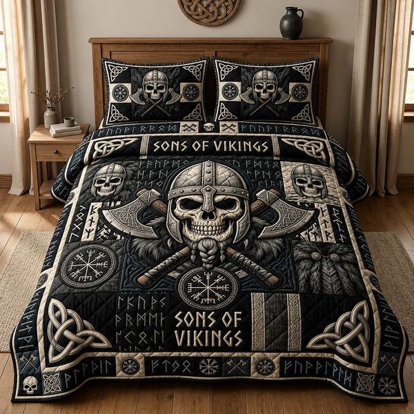 Sons Of Vikings quilted 3-piece bedding set on a made bed with two matching pillow shams