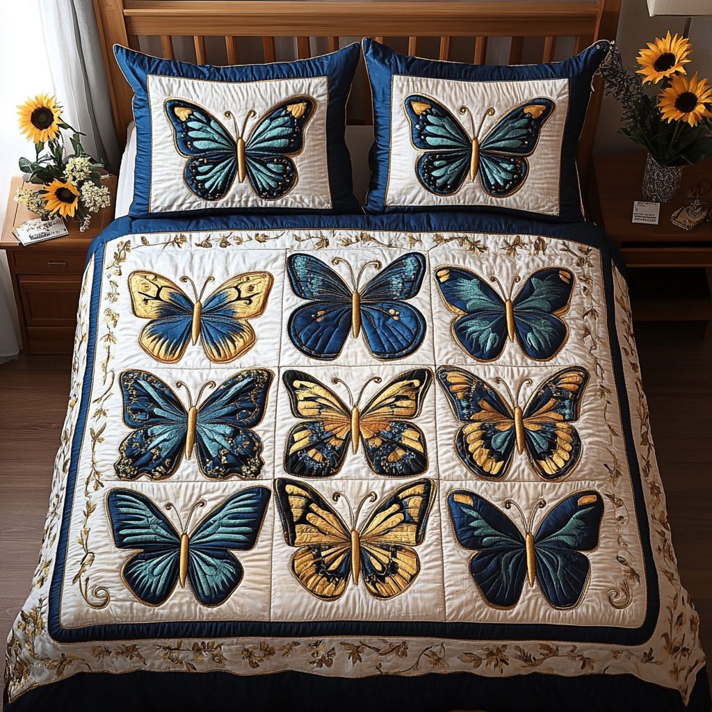 Soothing Wings quilted 3-piece bedding set on a made bed with two matching pillow shams