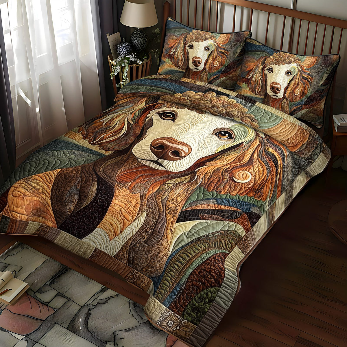 Sophisticated Swirls quilted 3-piece bedding set on a made bed with two matching pillow shams