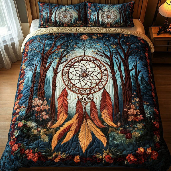Soul Catcher quilted 3-piece bedding set on a made bed with two matching pillow shams