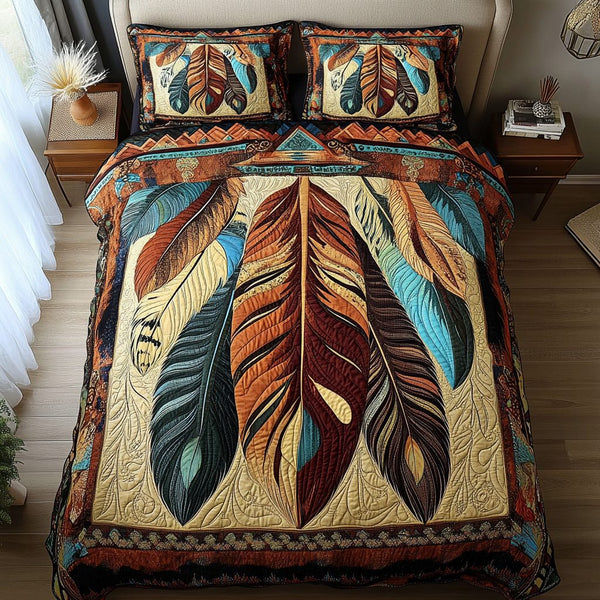 Soul Feathers quilted 3-piece bedding set on a made bed with two matching pillow shams