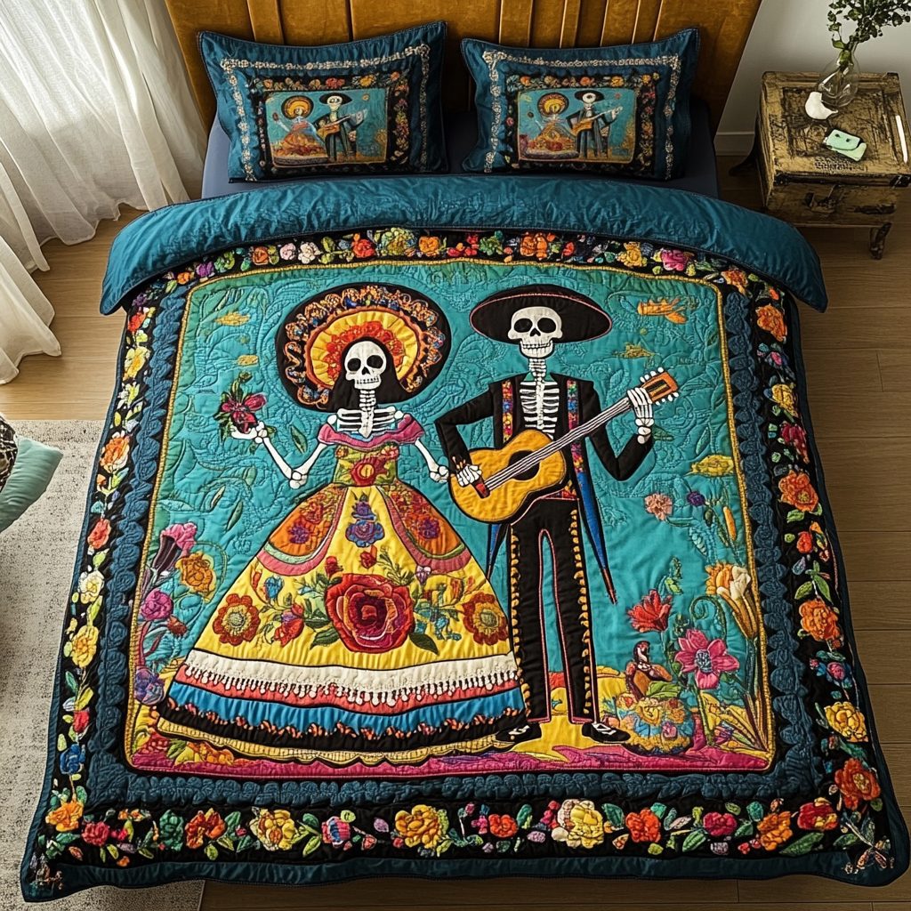 Soul Fiesta quilted 3-piece bedding set on a made bed with two matching pillow shams