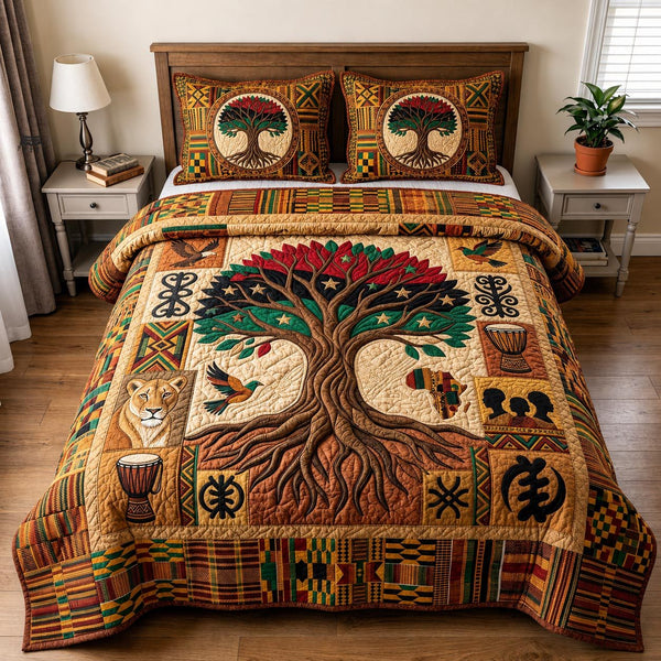 Soul Freedom quilted 3-piece bedding set on a made bed in a warmly lit bedroom