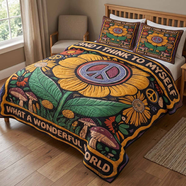 Soul Garden quilted 3-piece bedding set on a made bed with two matching pillow shams
