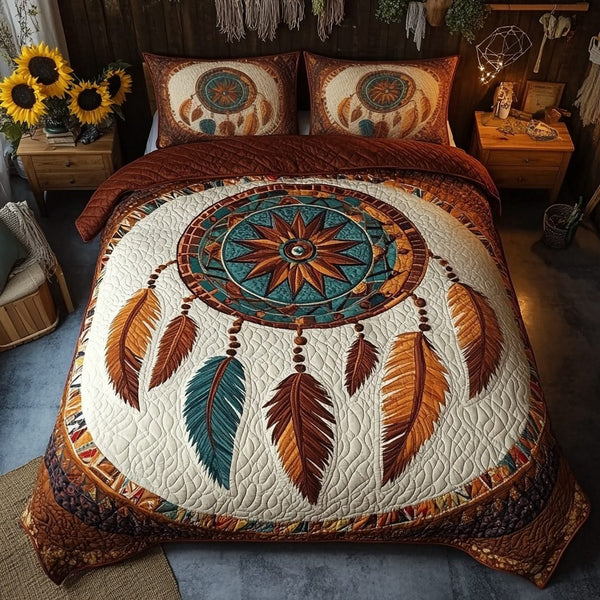Soul Journey quilted 3-piece bedding set on a made bed with two matching pillow shams