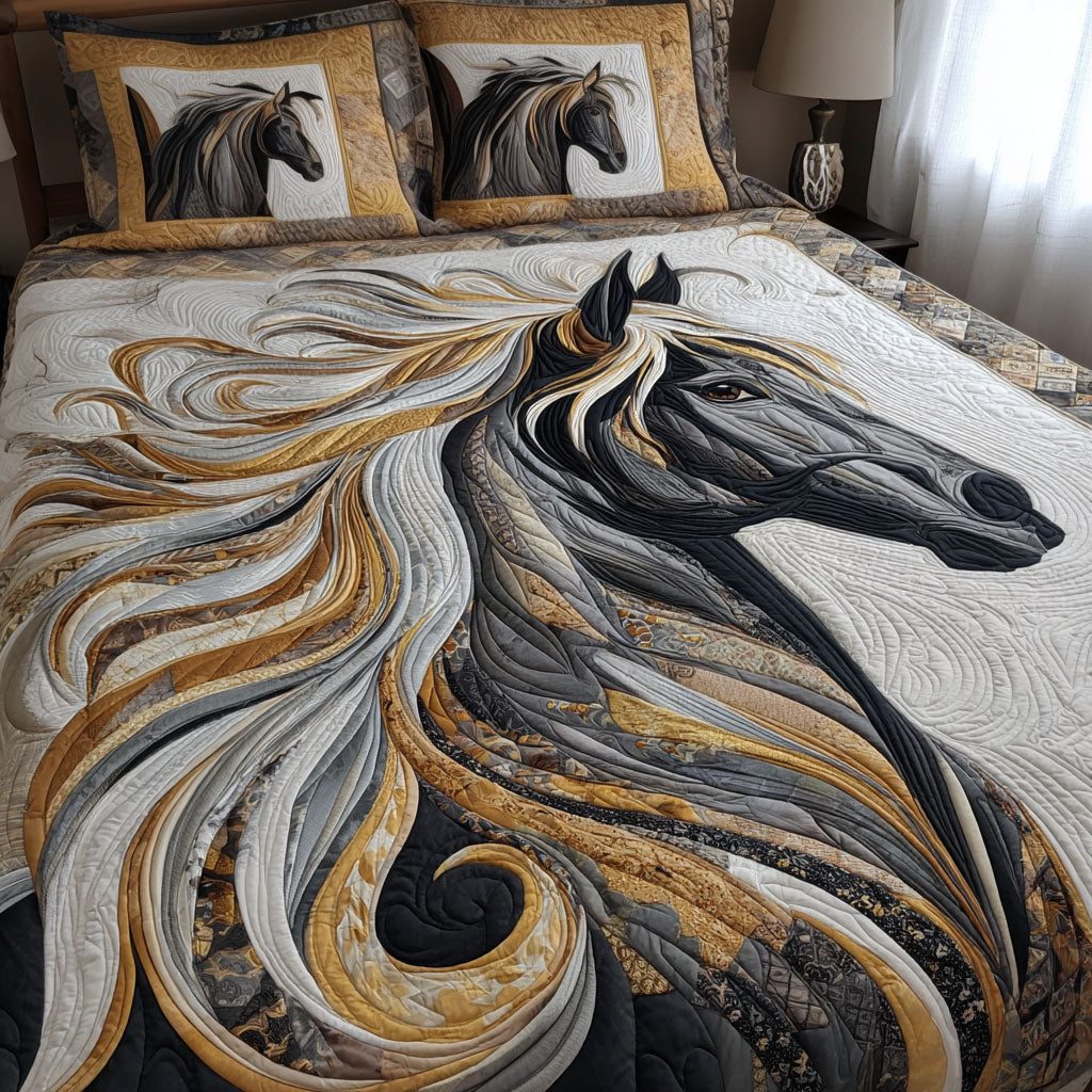 Soul of the Horse quilted 3-piece bedding set on a made bed in a rustic timber bedroom
