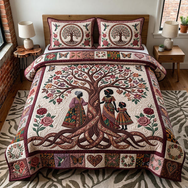 Soul Roots quilted 3-piece bedding set on a made bed with two matching pillow shams