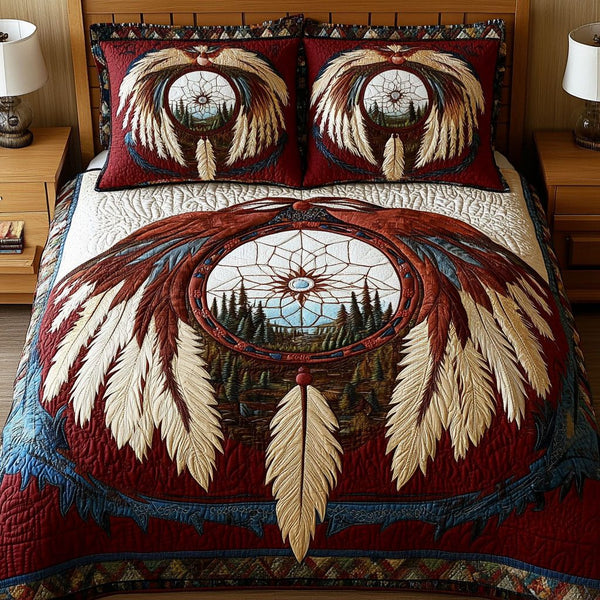 Soul Snare quilted 3-piece bedding set on a made bed with two matching pillow shams