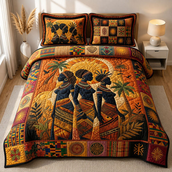 Soulbound Roots quilted 3-piece bedding set on a made bed with two matching pillow shams
