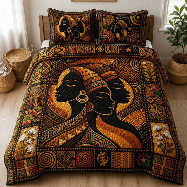 Soulbound Roots quilted 3-piece bedding set on a made bed with two matching pillow shams