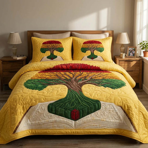 Soulbound Roots quilted 3-piece bedding set on a made bed with two matching pillow shams