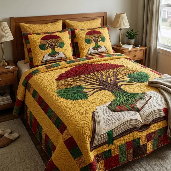 Soulbound Roots quilted 3-piece bedding set on a made bed with two matching pillow shams