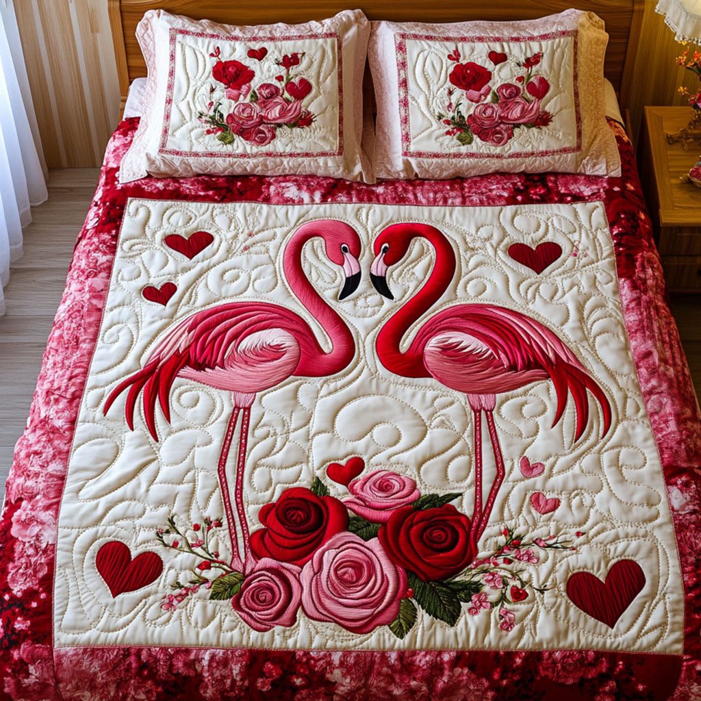 Soulful Pair quilted 3-piece bedding set on a made bed with two matching pillow shams