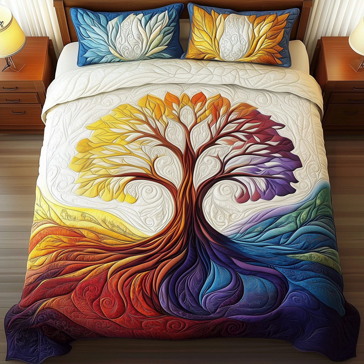 Soulful Roots quilted 3-piece bedding set on a made bed with two matching pillow shams
