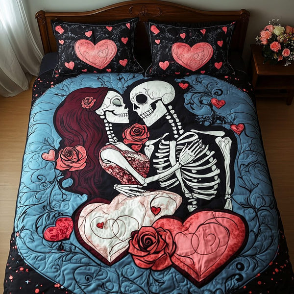 Soulmate Skeletons quilted 3-piece bedding set on a made bed against a dark styled interior