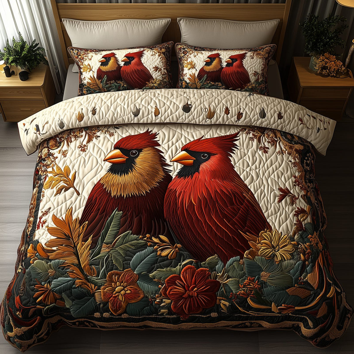Soulmates in Flight quilted 3-piece bedding set on a made bed with two matching pillow shams