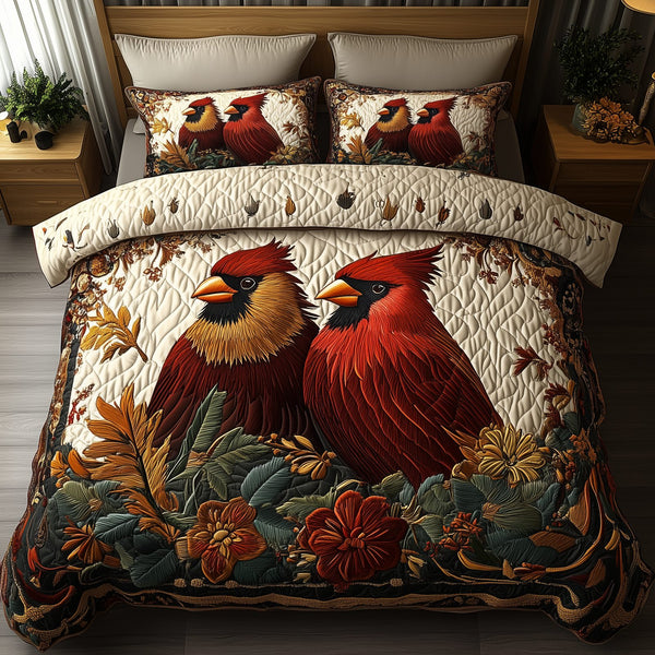 Soulmates in Flight quilted 3-piece bedding set on a made bed with two matching pillow shams