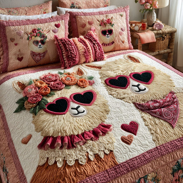 Soulmates Rest quilted 3-piece bedding set on a made bed with two matching pillow shams