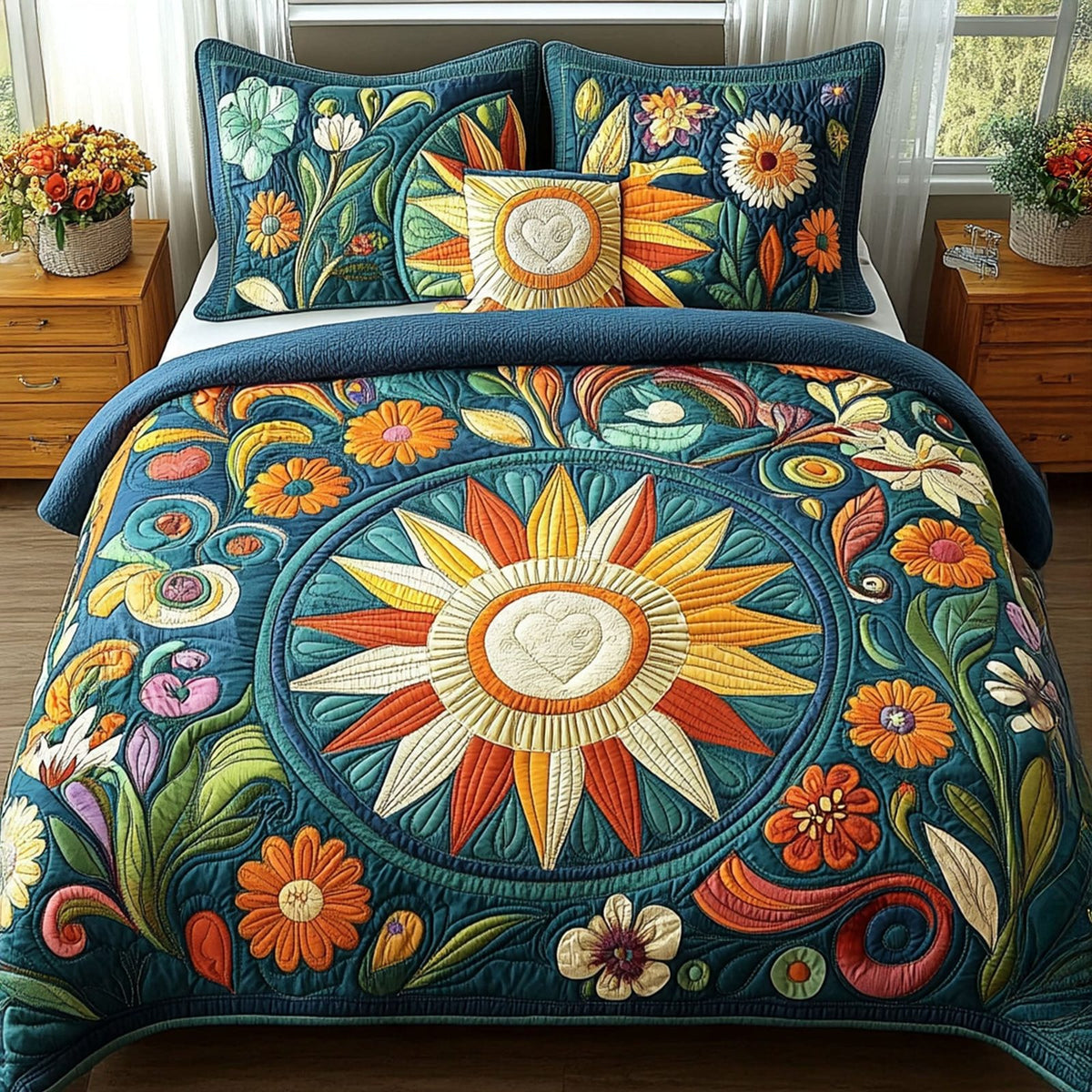 Soulshine Garden quilted 3-piece bedding set on a made bed with two matching pillow shams