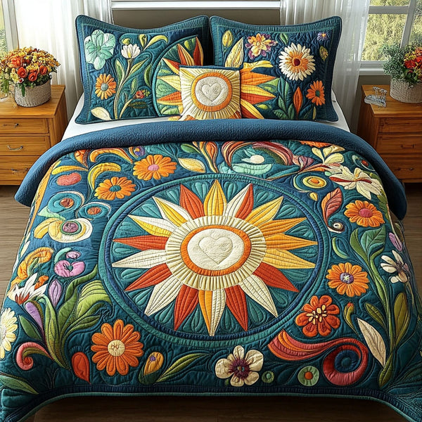 Soulshine Garden quilted 3-piece bedding set on a made bed with two matching pillow shams