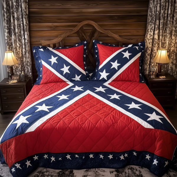 South Will Rise quilted 3-piece bedding set on a made bed with two matching pillow shams