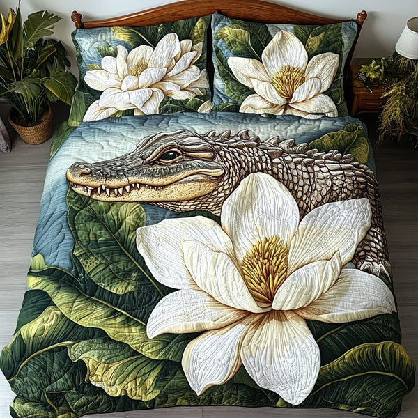 Southern Beauty quilted 3-piece bedding set on a made bed with two matching pillow shams