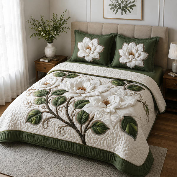 Southern Bloom quilted 3-piece bedding set on a made bed with two matching pillow shams