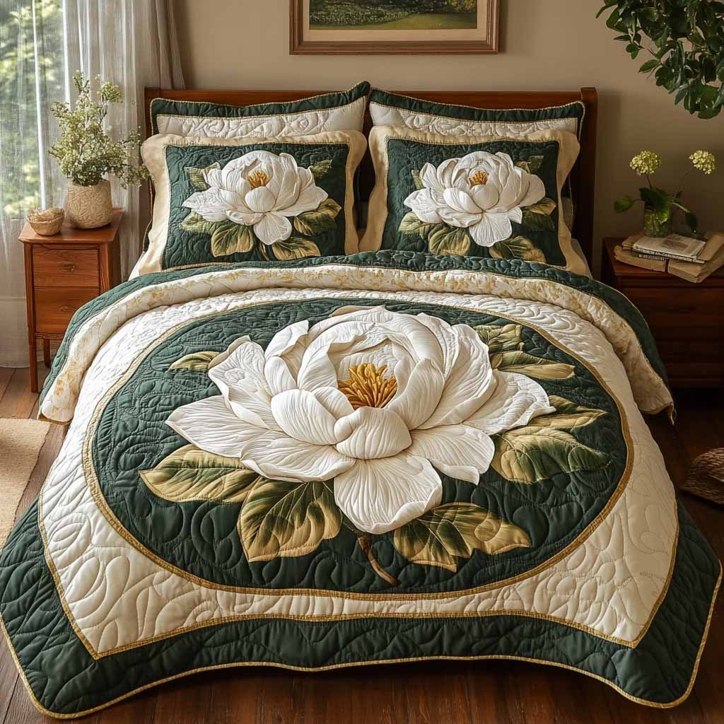 Southern Bloom quilted 3-piece bedding set on a made bed with two matching pillow shams