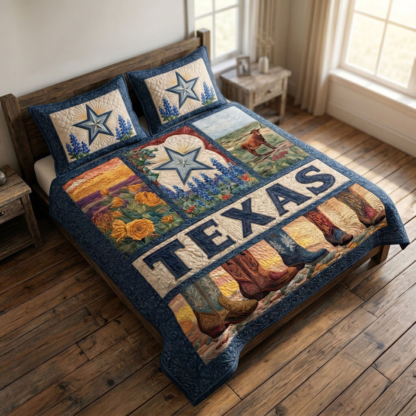 Southern Home quilted 3-piece bedding set on a made bed with two matching pillow shams