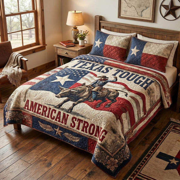 Southern Horns quilted 3-piece bedding set on a made bed with two matching pillow shams