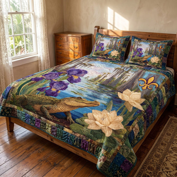 Southern Mosaic quilted 3-piece bedding set on a made bed with two matching pillow shams