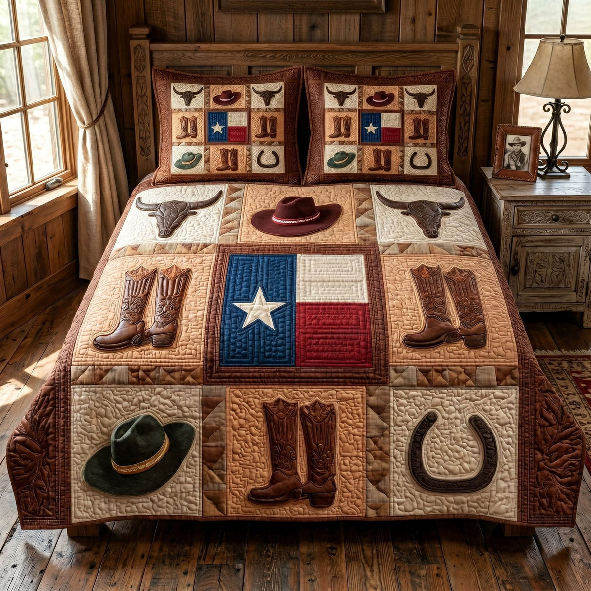 Southern Patchwork quilted 3-piece bedding set on a made bed in a farmhouse bedroom