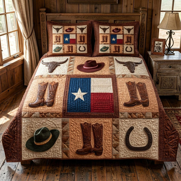 Southern Patchwork quilted 3-piece bedding set on a made bed in a farmhouse bedroom