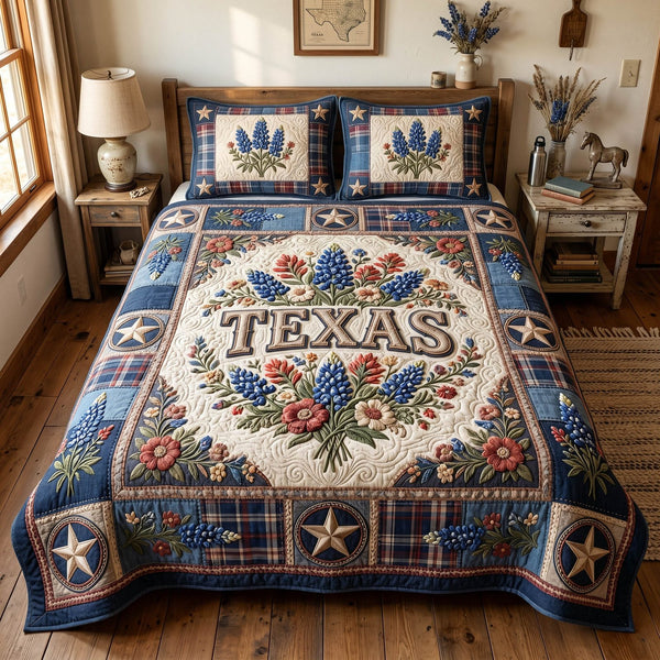 Southern Petals quilted 3-piece bedding set on a made bed with two matching pillow shams