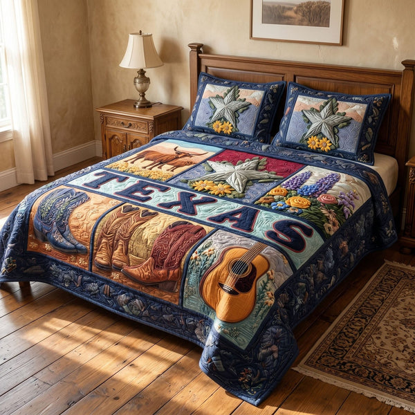 Southern Spirit quilted 3-piece bedding set on a made bed with two matching pillow shams
