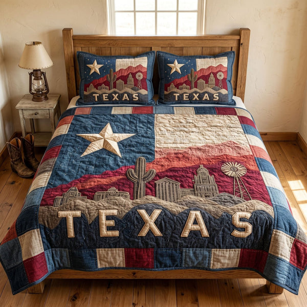 Southern Spirit quilted 3-piece bedding set on a made bed with two matching pillow shams