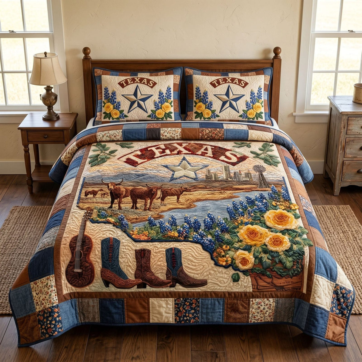 Southern Tradition quilted 3-piece bedding set on a made bed with two matching pillow shams
