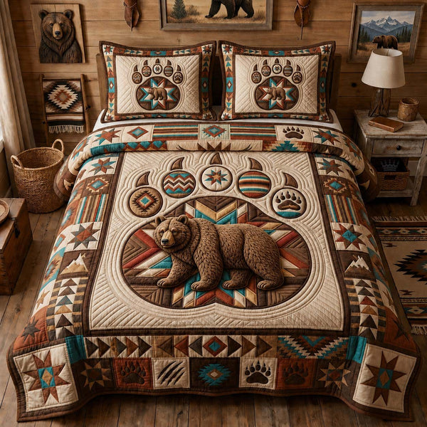 Southwest Bear Spirit quilted 3-piece bedding set on a made bed with two matching pillow shams