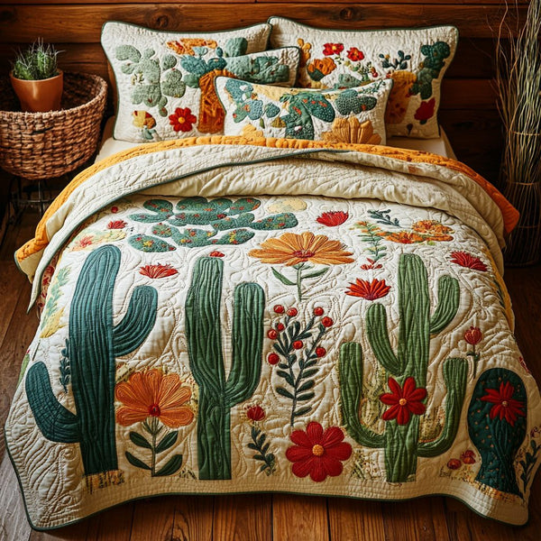 Southwest Bloom quilted 3-piece bedding set on a made bed with two matching pillow shams