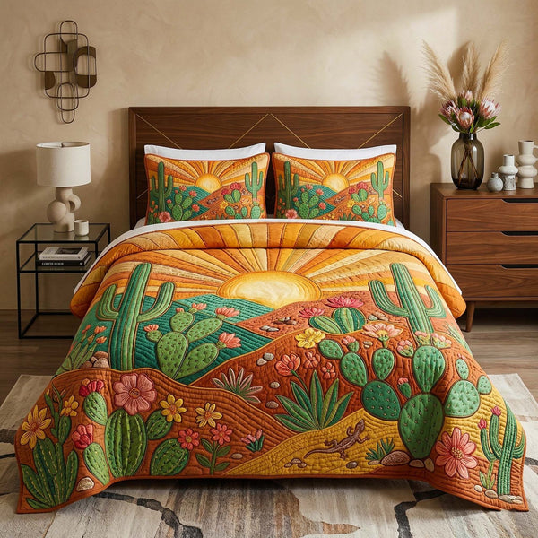 Southwest Cactus quilted 3-piece bedding set on a made bed with two matching pillow shams