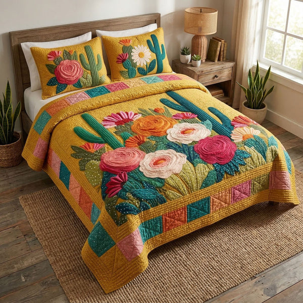 Southwest Cactus quilted 3-piece bedding set on a made bed with two matching pillow shams