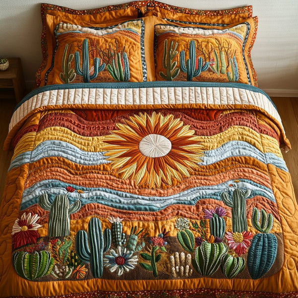 Southwest Charm quilted 3-piece bedding set on a made bed with two matching pillow shams