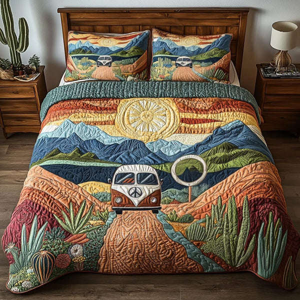 Southwest Escape quilted 3-piece bedding set on a made bed with two matching pillow shams