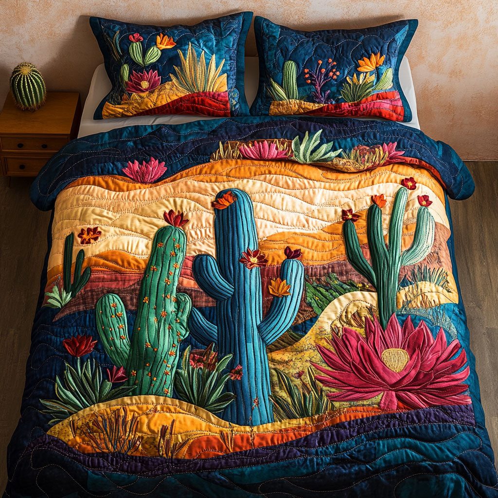 Southwest Garden quilted 3-piece bedding set on a made bed with two matching pillow shams