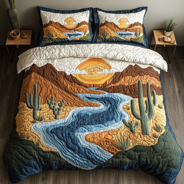 Southwest Glow quilted 3-piece bedding set on a made bed with two matching pillow shams