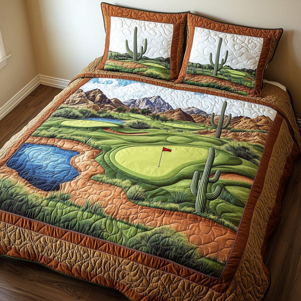 Southwest Golf Getaway quilted 3-piece bedding set on a made bed with two matching pillow shams