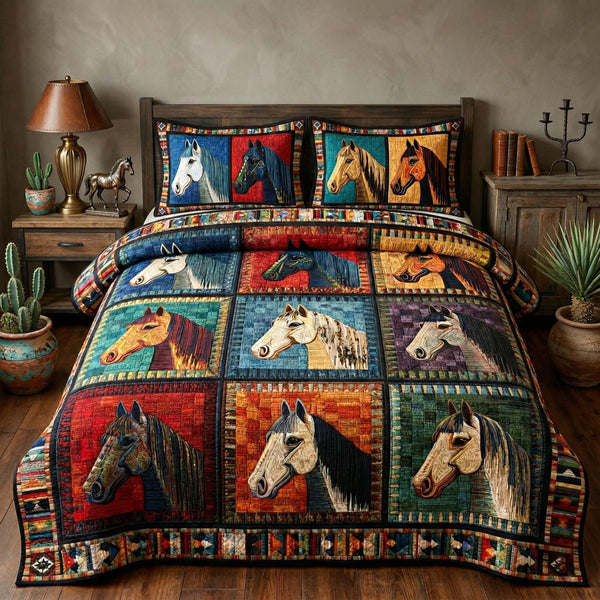 Southwest Patch quilted 3-piece bedding set on a made bed with two matching pillow shams