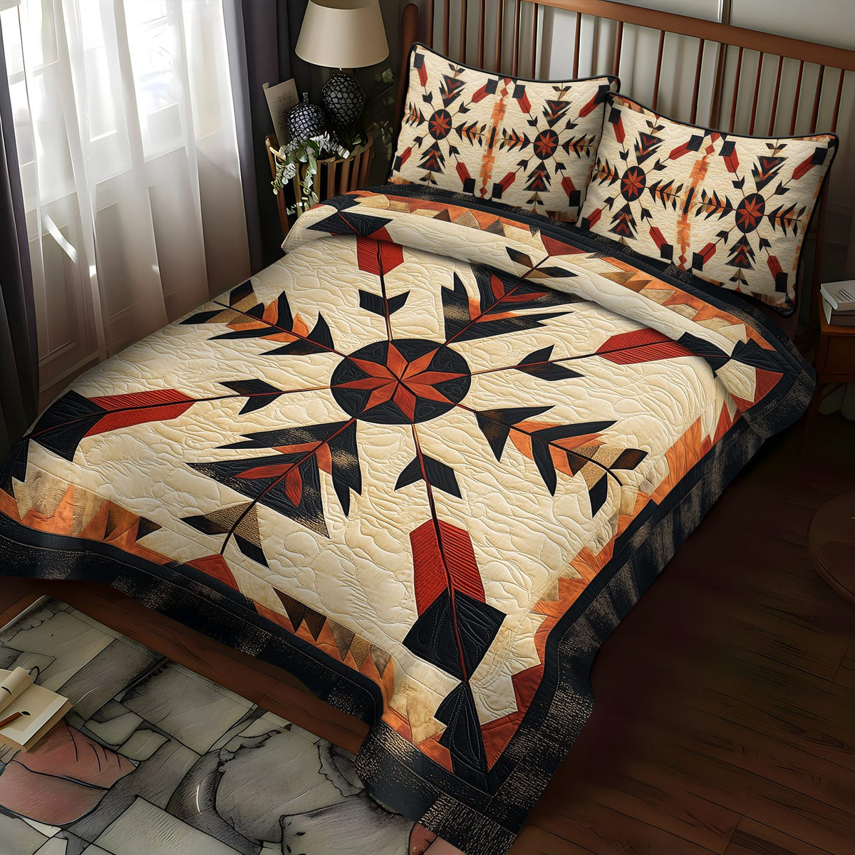 Southwest Radiance quilted 3-piece bedding set on a made bed with two matching pillow shams