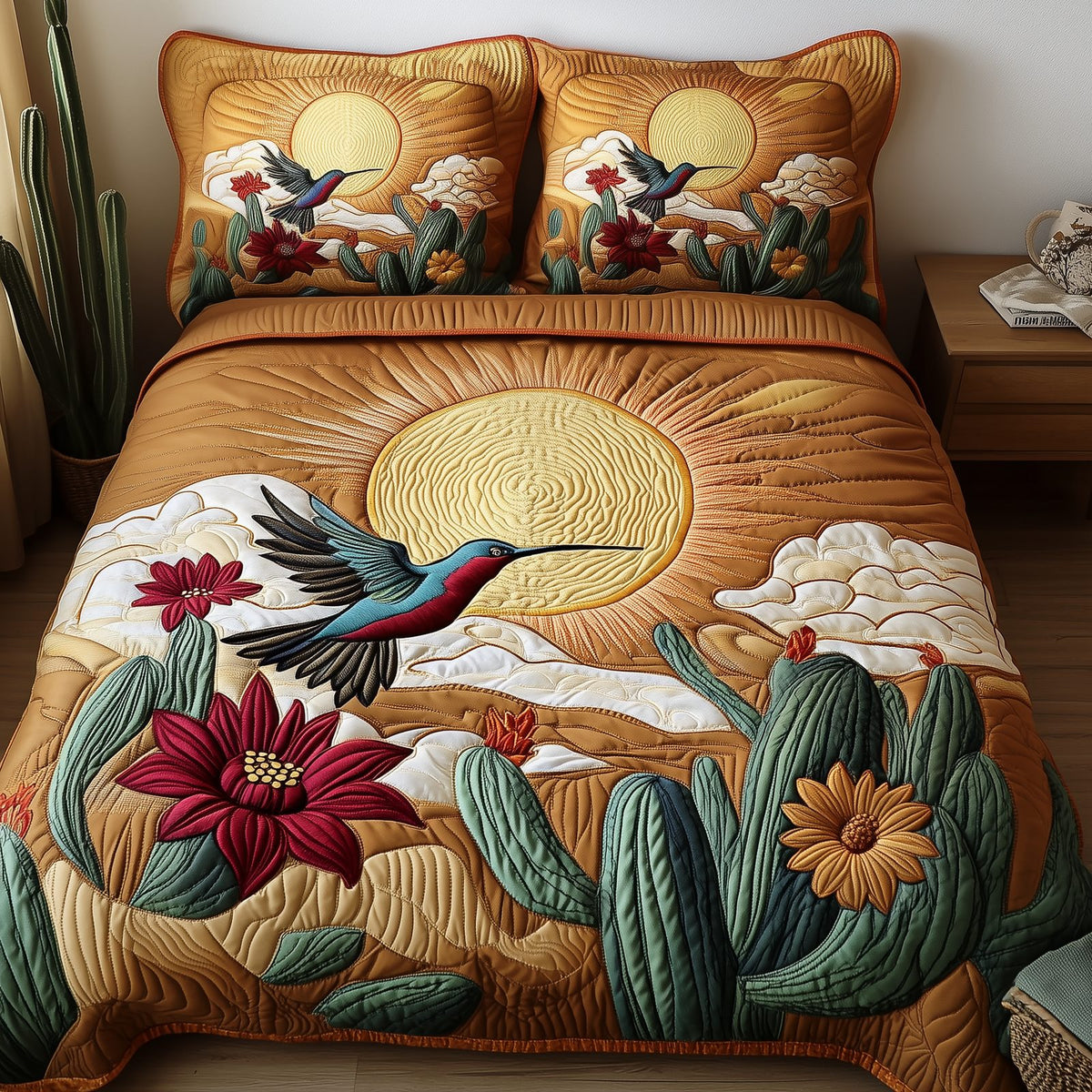 Southwest Spiritual Hummingbird quilted 3-piece bedding set on a made bed with two matching pillow shams
