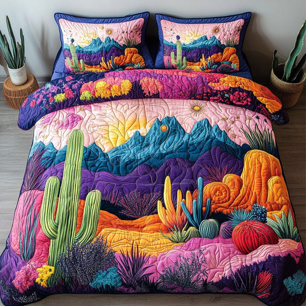 Southwest Whimsy quilted 3-piece bedding set on a made bed with two matching pillow shams